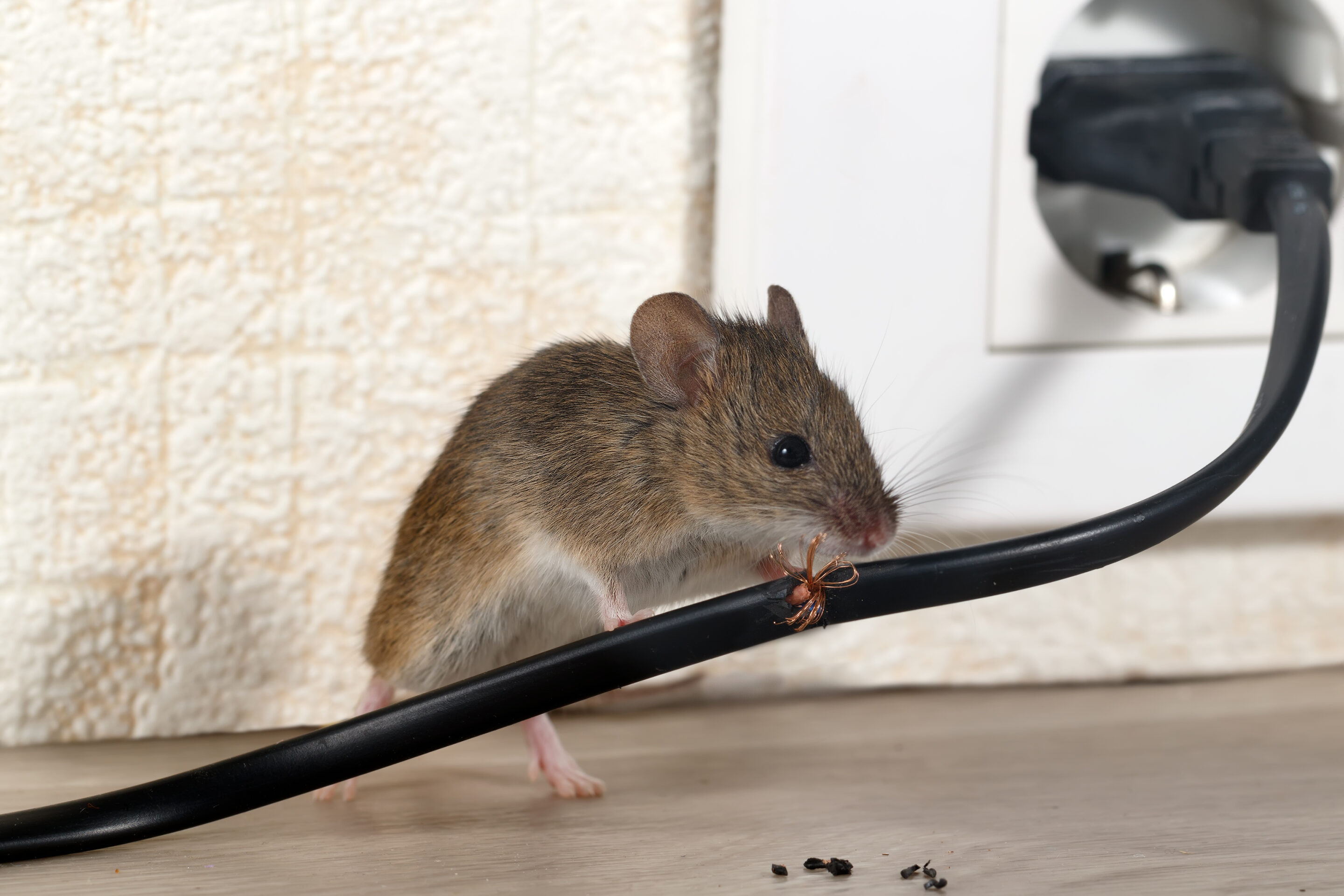 сloseup mouse gnaws wire in an apartment house near wall and e