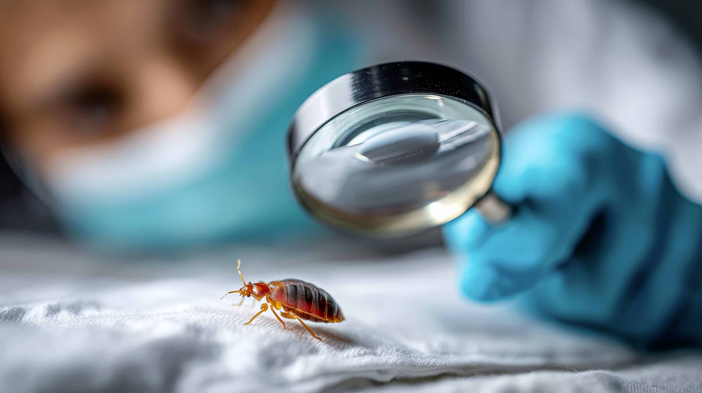 Bedbug inspection with magnifying glass on white bedding