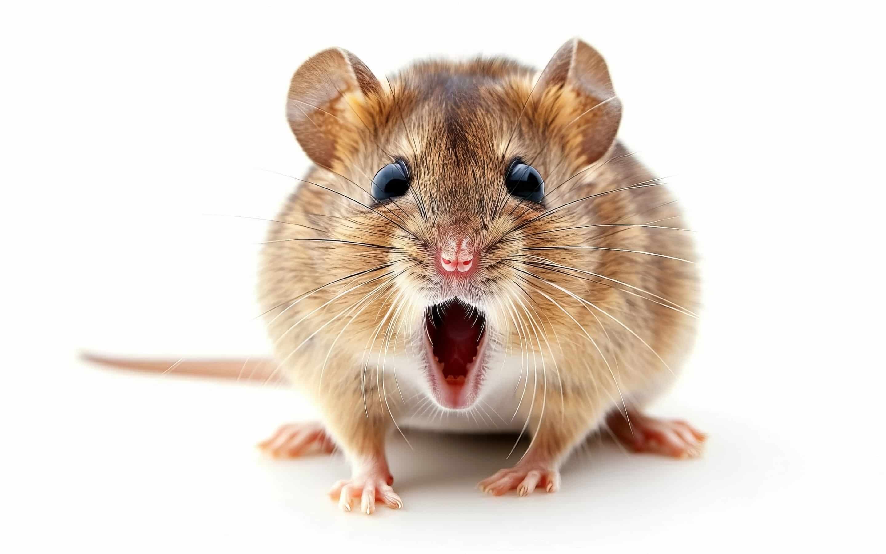 shocked mouse with open mouth on isolated white background. Big discounts, surprise, news, lottery concept. Generated AI.